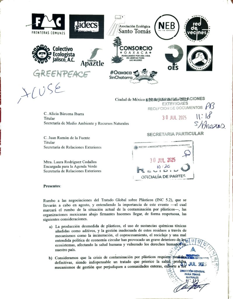 Organizaciones publican comunicado ante SEMARNAT Y SRE para subrayar la importancia de incluir en la postura país los derechos y criterios mínimos en las negociaciones del Tratado Internacional de Plásticos